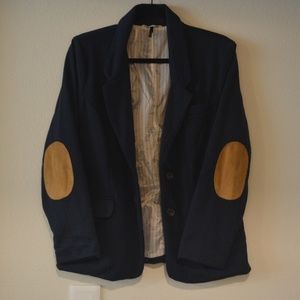 Navy Blue Blazer with Tan Suede Elbow Patches
